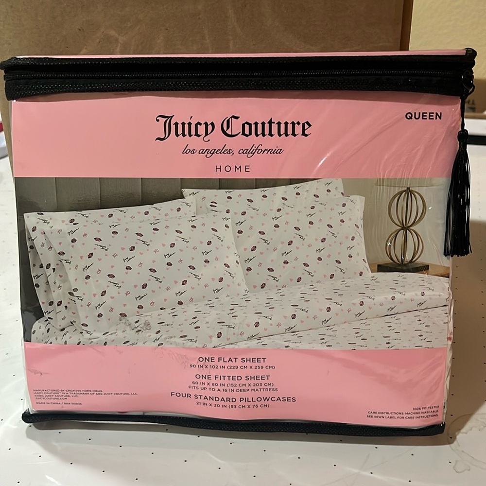 Juicy Couture Queen Sheets 6pc Set - Hearts, Lips, "Juicy Couture" Design New